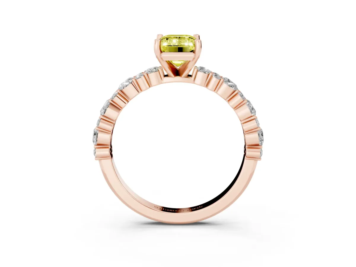 Fancy Yellow Emerald Cut Diamond Side Stone Solitaire Ring with Round and Four-Prong Setting Rose gold