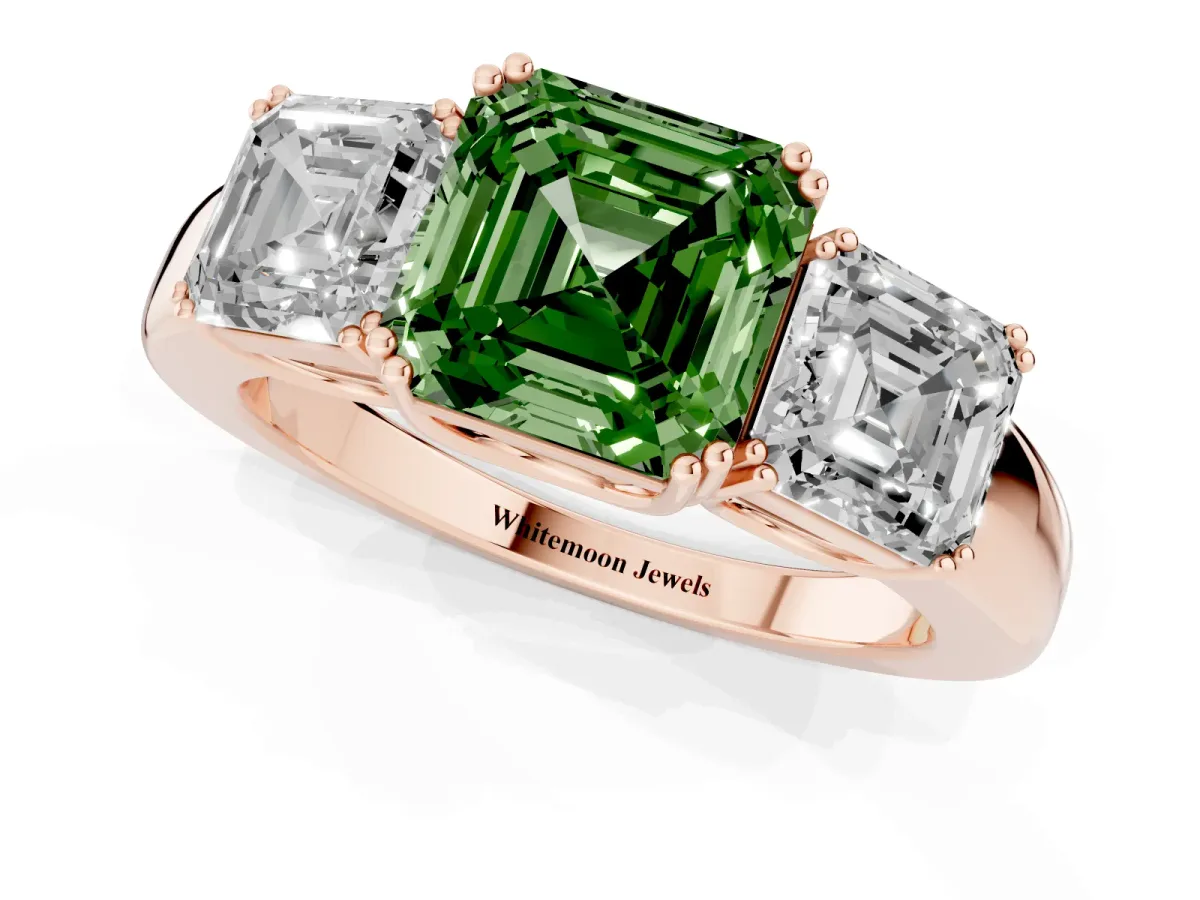 Fancy Green Three-Stone Asscher Cut Cut Diamond Ring with Channel Set Band and Four-Prong Setting Rose gold