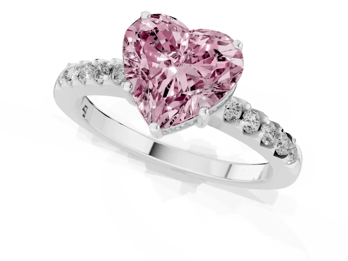 Fancy Pink Heart Cut Solitaire Diamond Engagement Ring with Pavé Band and Six-Prong Setting Platinum