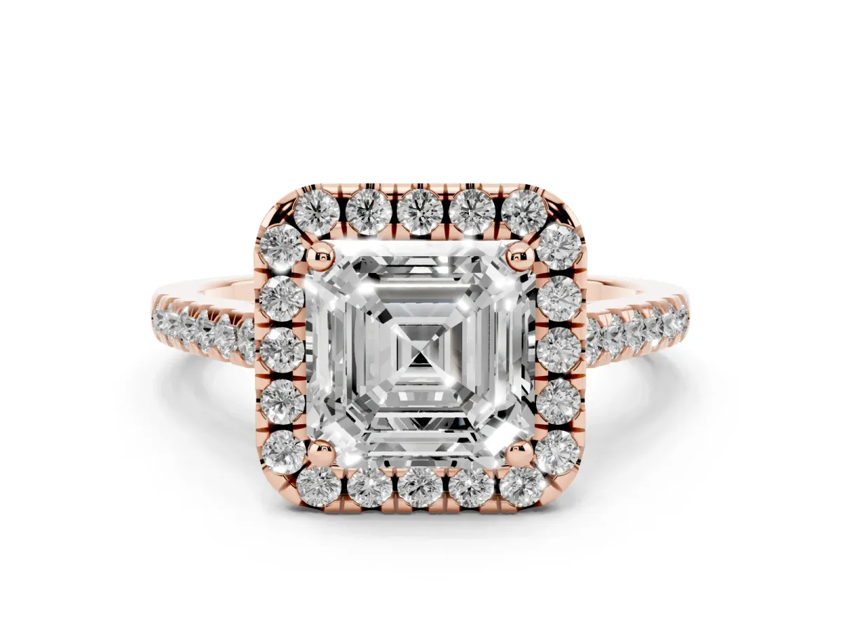Asscher Cut Halo Pavé Diamond Engagement Ring with Four-Prong Setting Rose gold