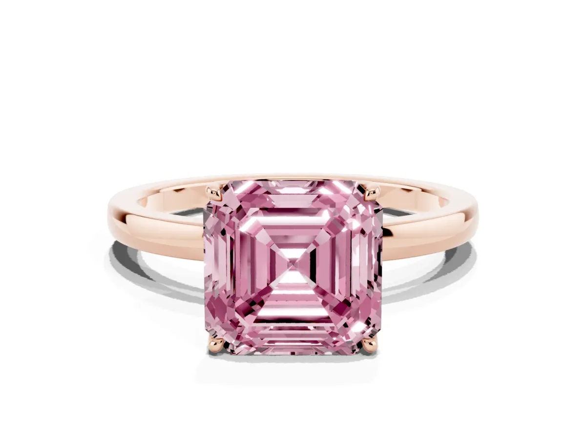 Fancy Pink Asscher Cut Diamond Solitaire Ring with Thin Band and Prong Setting Rose gold