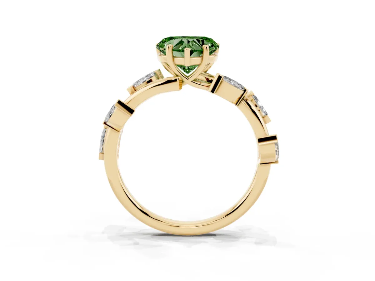 Fancy Green Heart Cut Solitaire Twisted Band Marquise Accent Prong Setting Ring Yellow gold