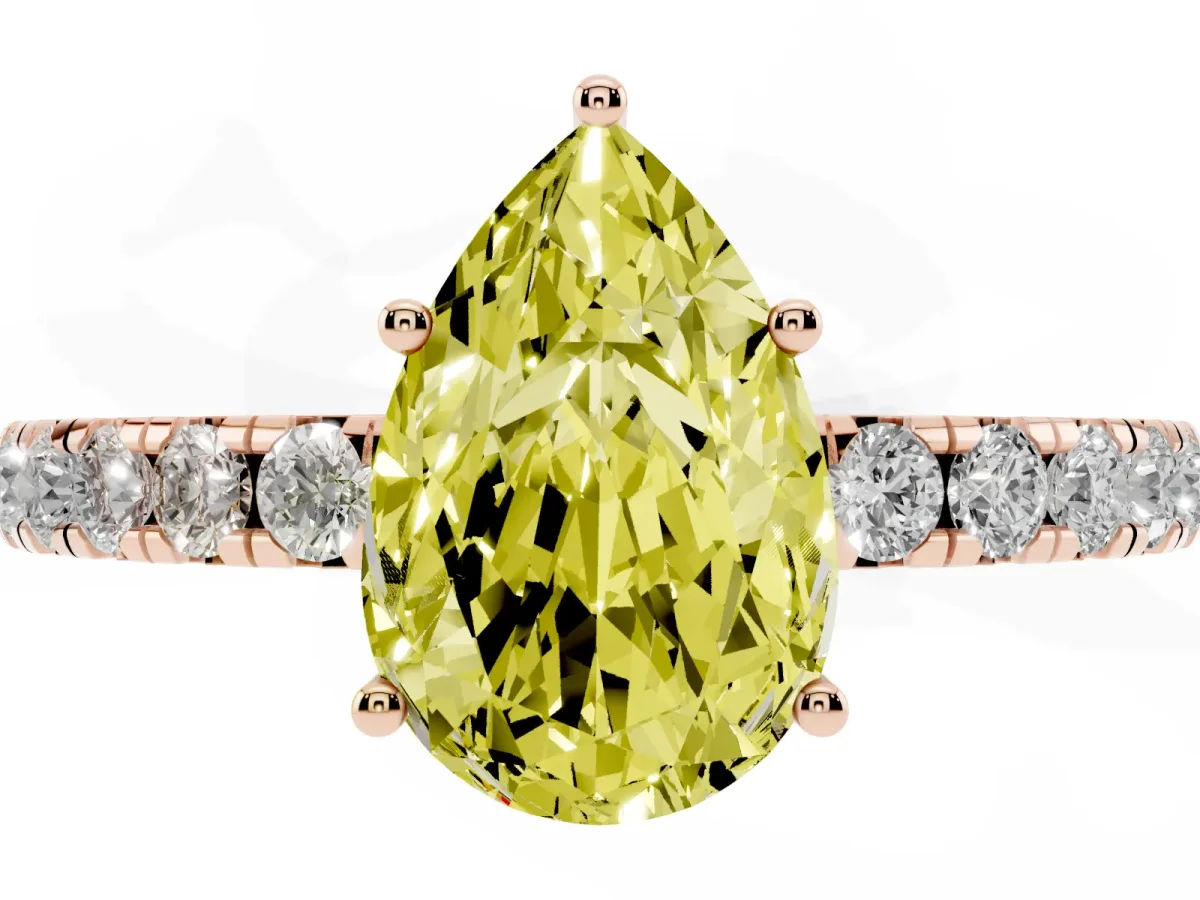 Fancy Yellow Pear Cut Diamond Pavé Solitaire Engagement Ring with Four-Prong Setting Rose gold