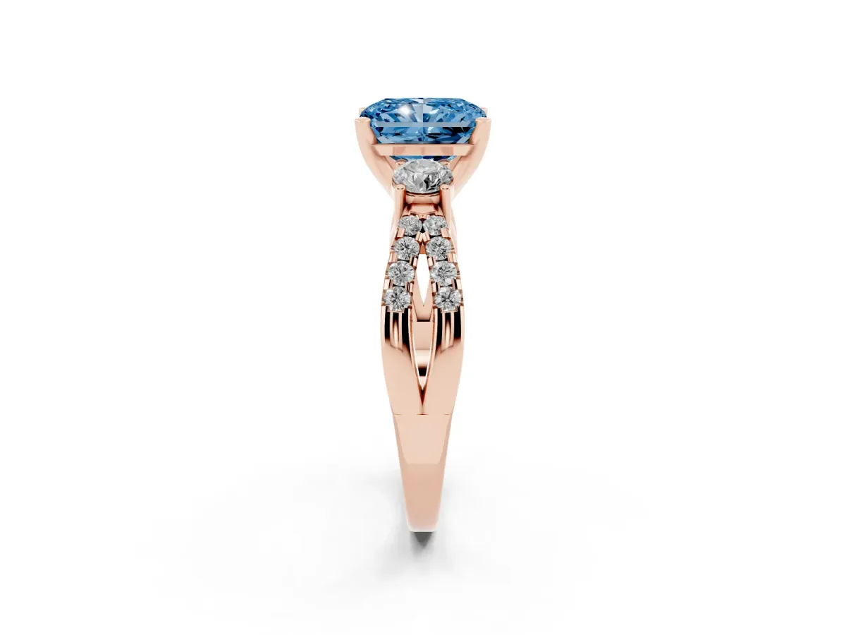 Fancy Blue Radiant Cut Diamond Three-Stone Ring with Pavé Split Shank and Four-Prong Setting Rose gold