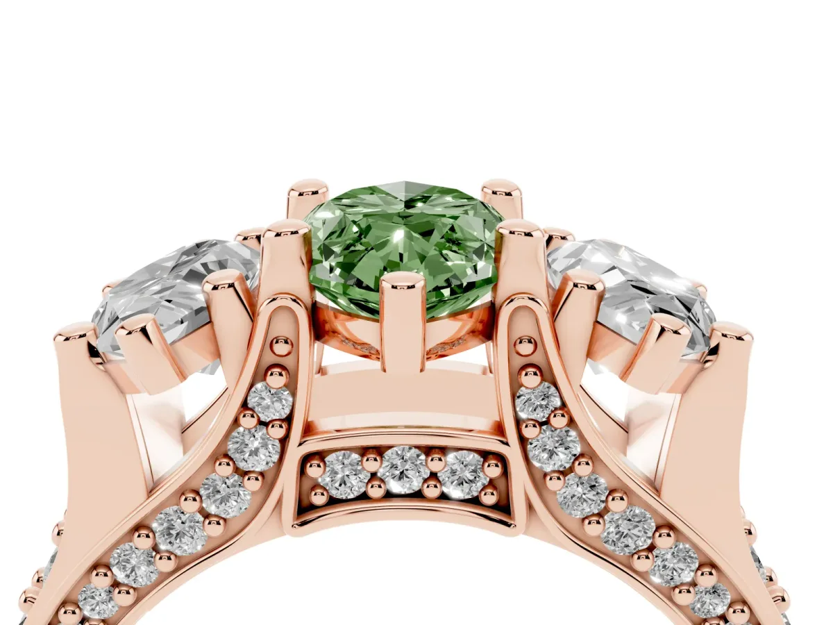 Fancy Green Marquise Cut Diamond Three-Stone Ring with Channel Set Band and Four-Prong Setting Rose gold