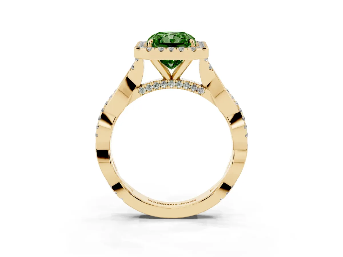 Fancy Green Radiant Cut Halo Twist Band Solitaire Ring Yellow gold