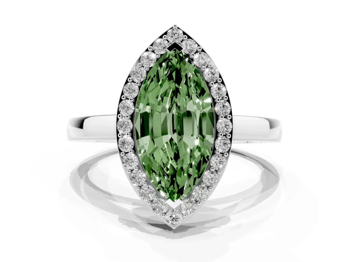 Fancy Green Marquise Cut Halo Diamond Ring with Solitaire Band and Prong Setting Silver