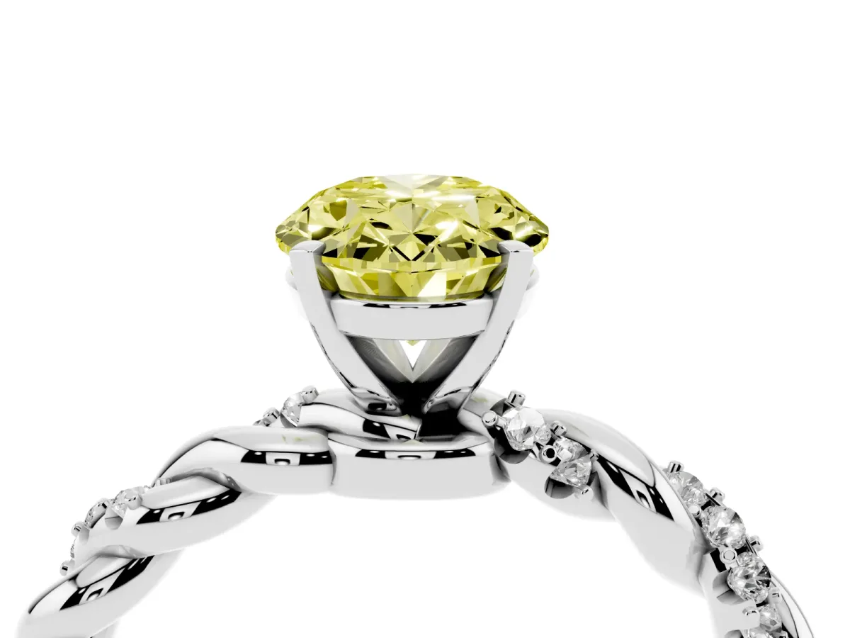 Fancy Yellow Oval Cut Diamond Solitaire Ring with Twisted Band and Pavé Accents White gold