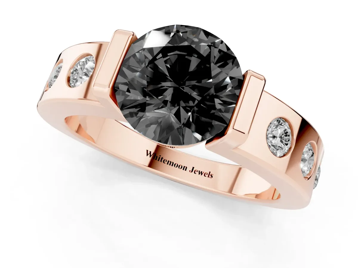 Fancy Black Round Cut Brilliant Channel-Set Diamond Ring with Bezel Prong Setting Rose gold