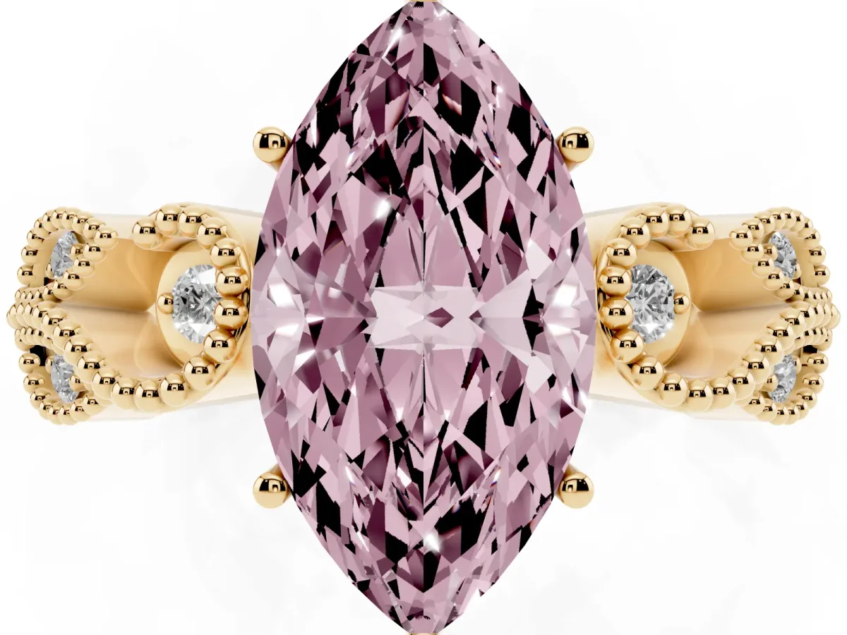 Fancy Pink Marquise Cut Solitaire Milgrain Leaf Band with Prong Setting Yellow gold