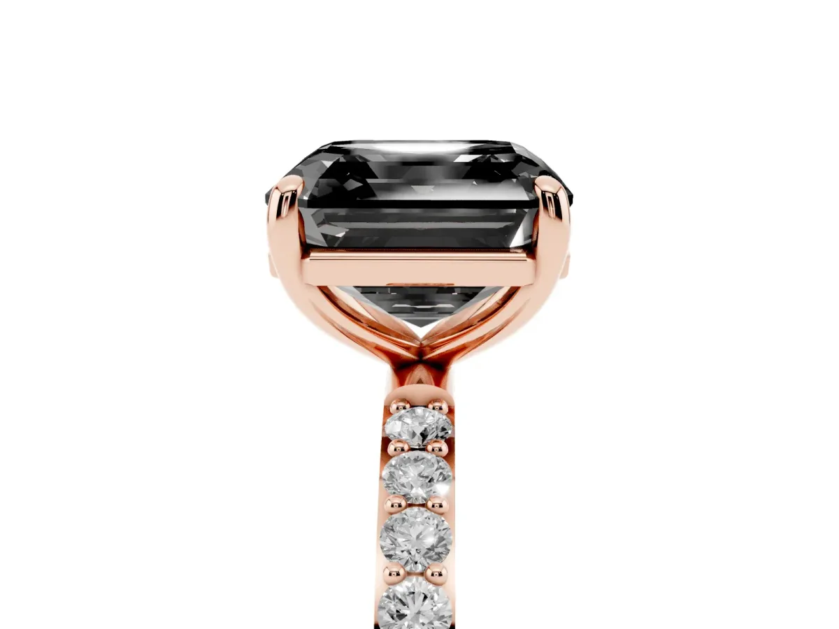 Fancy Black Asscher Cut Diamond Solitaire Ring with Round Pavé Band and Prong Setting Rose gold