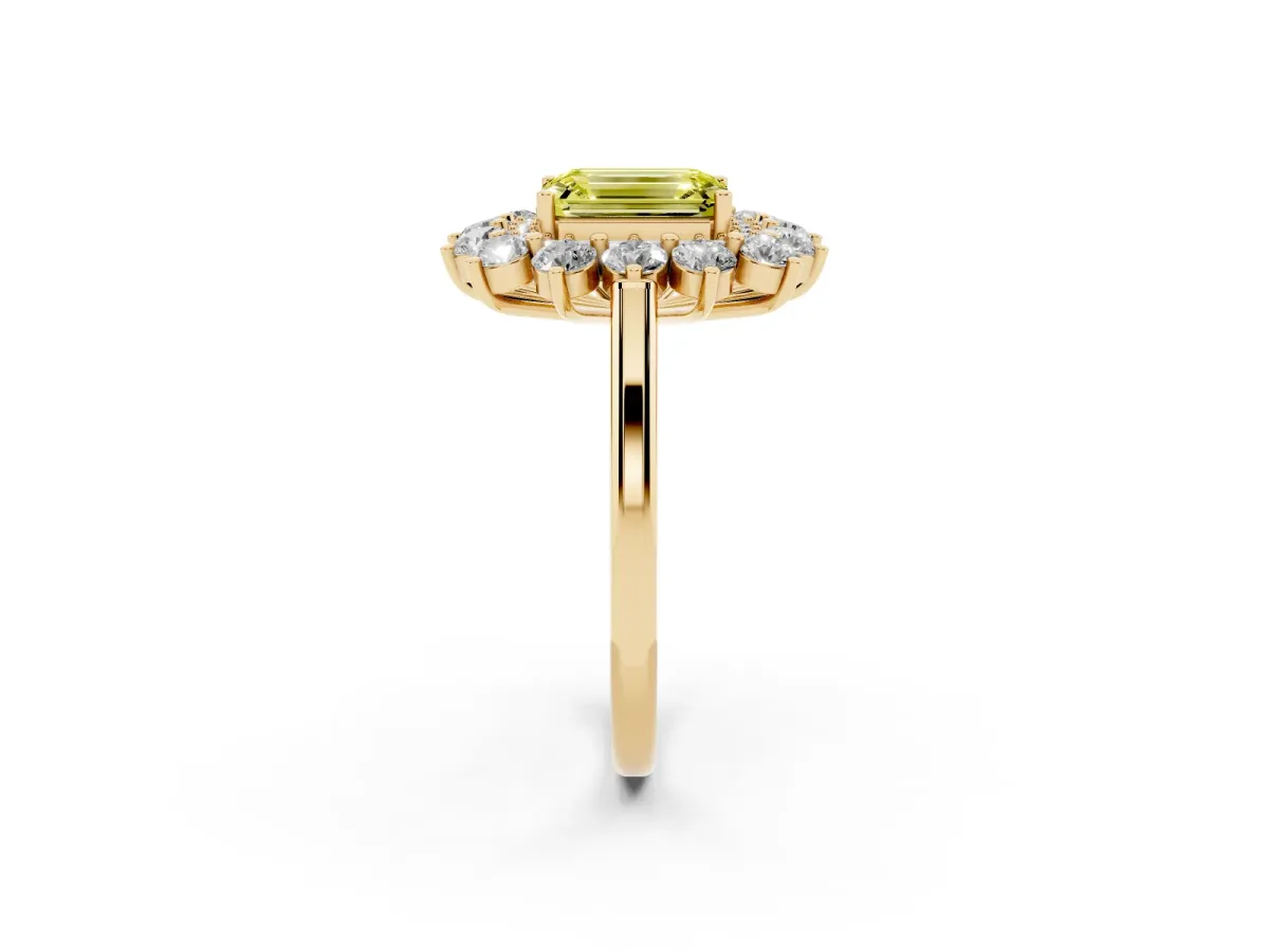 Fancy Yellow Emerald Cut Diamond Floral Double Halo Engagement Ring with Prong Setting Yellow gold