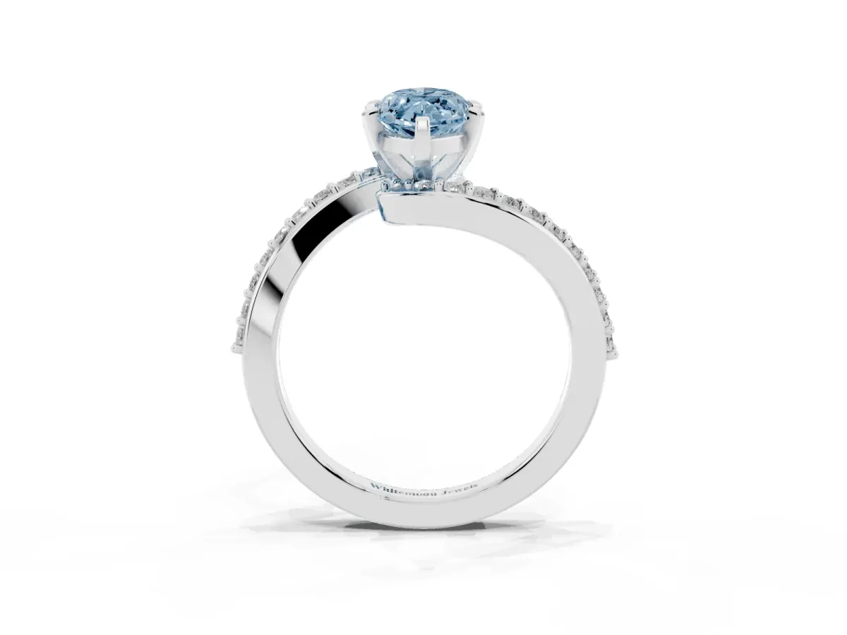 Fancy Blue Marquise Cut Solitaire Twist Band with Pave Set Diamonds and Four-Prong Setting Platinum