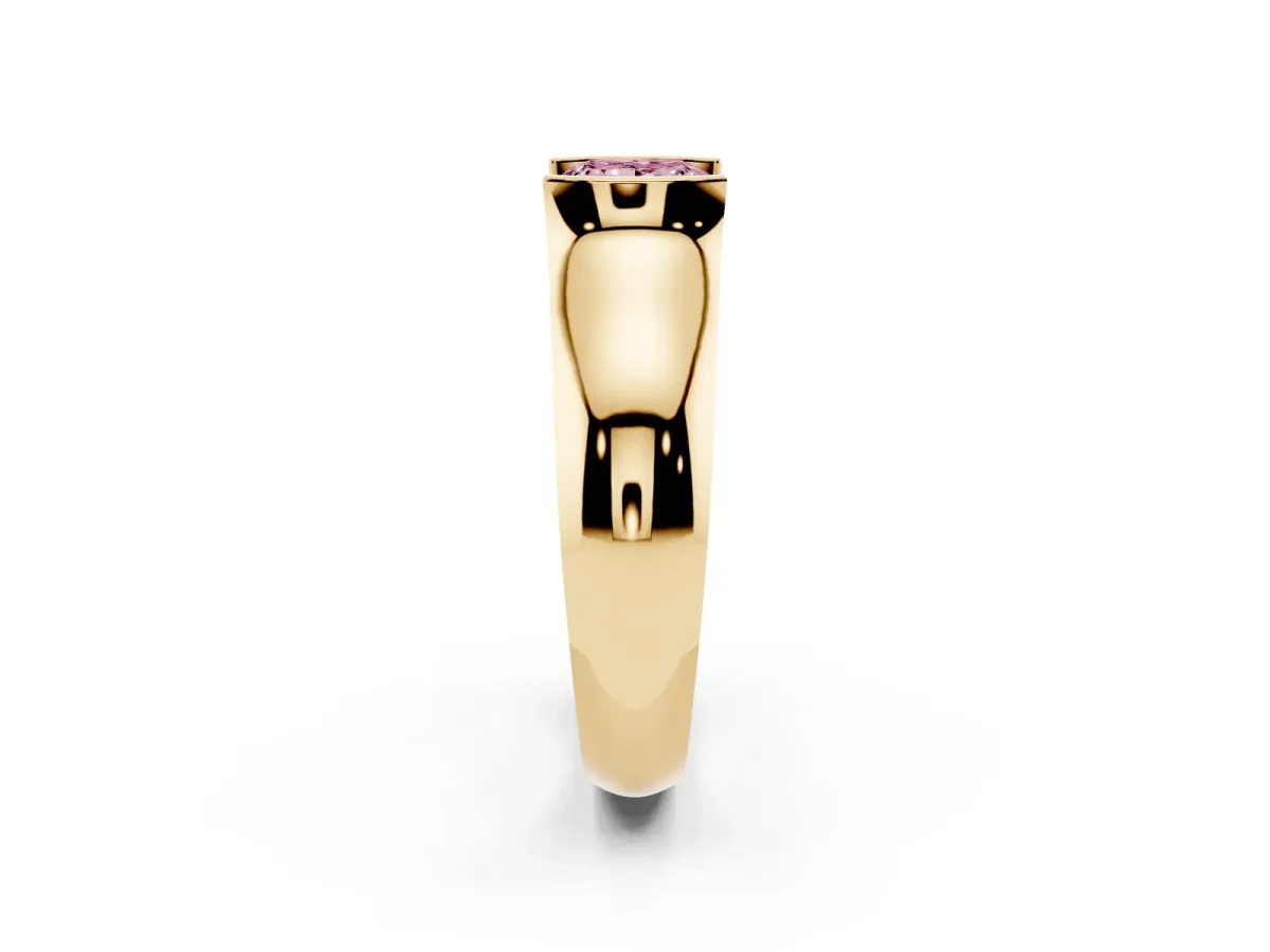 Fancy Pink Princess Cut Solitaire Bezel Set Diamond Ring with Wide Band Yellow gold