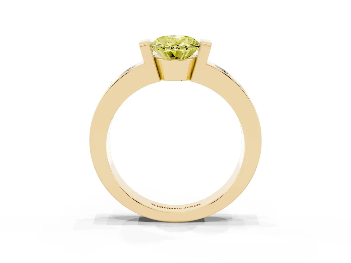Fancy Yellow Oval Cut Brilliant Channel-Set Diamond Ring with Bezel Prong Setting Yellow gold