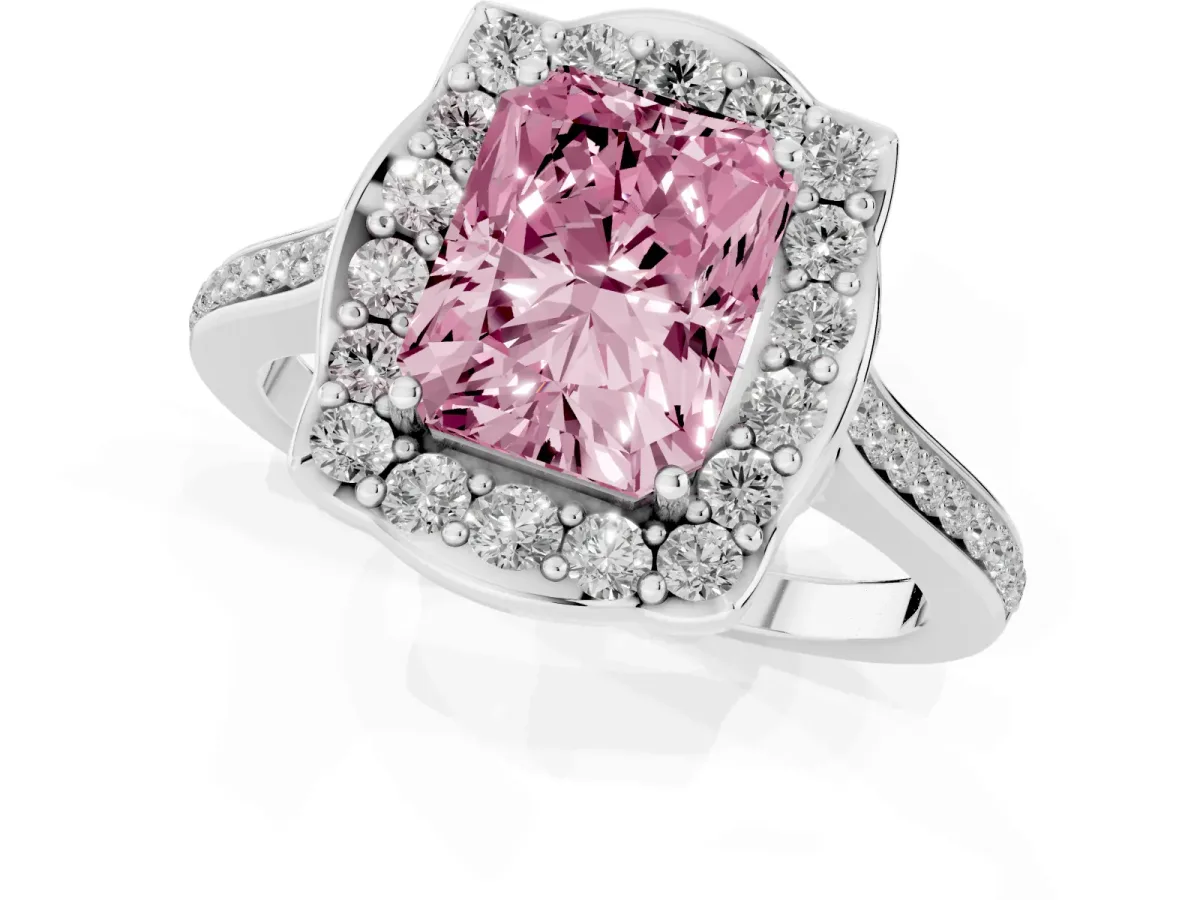 Fancy Pink Radiant Cut Halo Round Diamond Pave Band with Four-Prong Setting Platinum