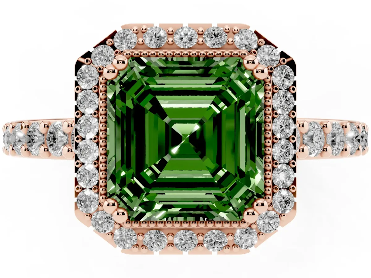 Fancy Green Asscher Cut Cut Diamond Halo Engagement Ring with Milgrain Detail and Pavé Band Rose gold