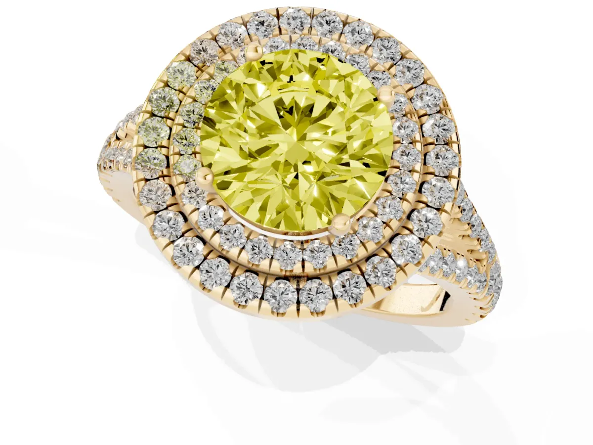 Fancy Yellow Round Cut Diamond Double Halo Ring with Pavé Band and Prong Setting Yellow gold