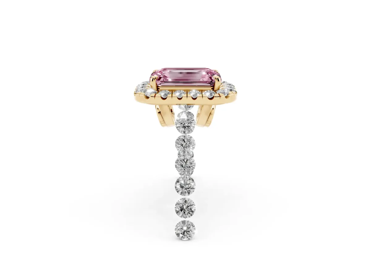 Fancy Pink Emerald Cut Halo Pavé Diamond Engagement Ring with Four-Prong Setting Yellow gold
