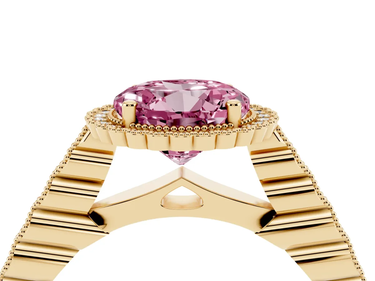 Fancy Pink Round Cut Cut Halo Pavé Solitaire Ring with Milgrain Band Yellow gold