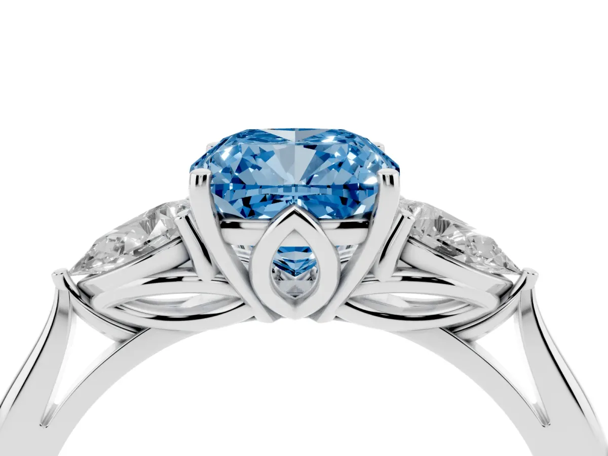 Fancy Blue Three-Stone Cushion Cut Brilliant Diamond Solitaire Ring with Tapered Band and Four-Prong Setting Silver