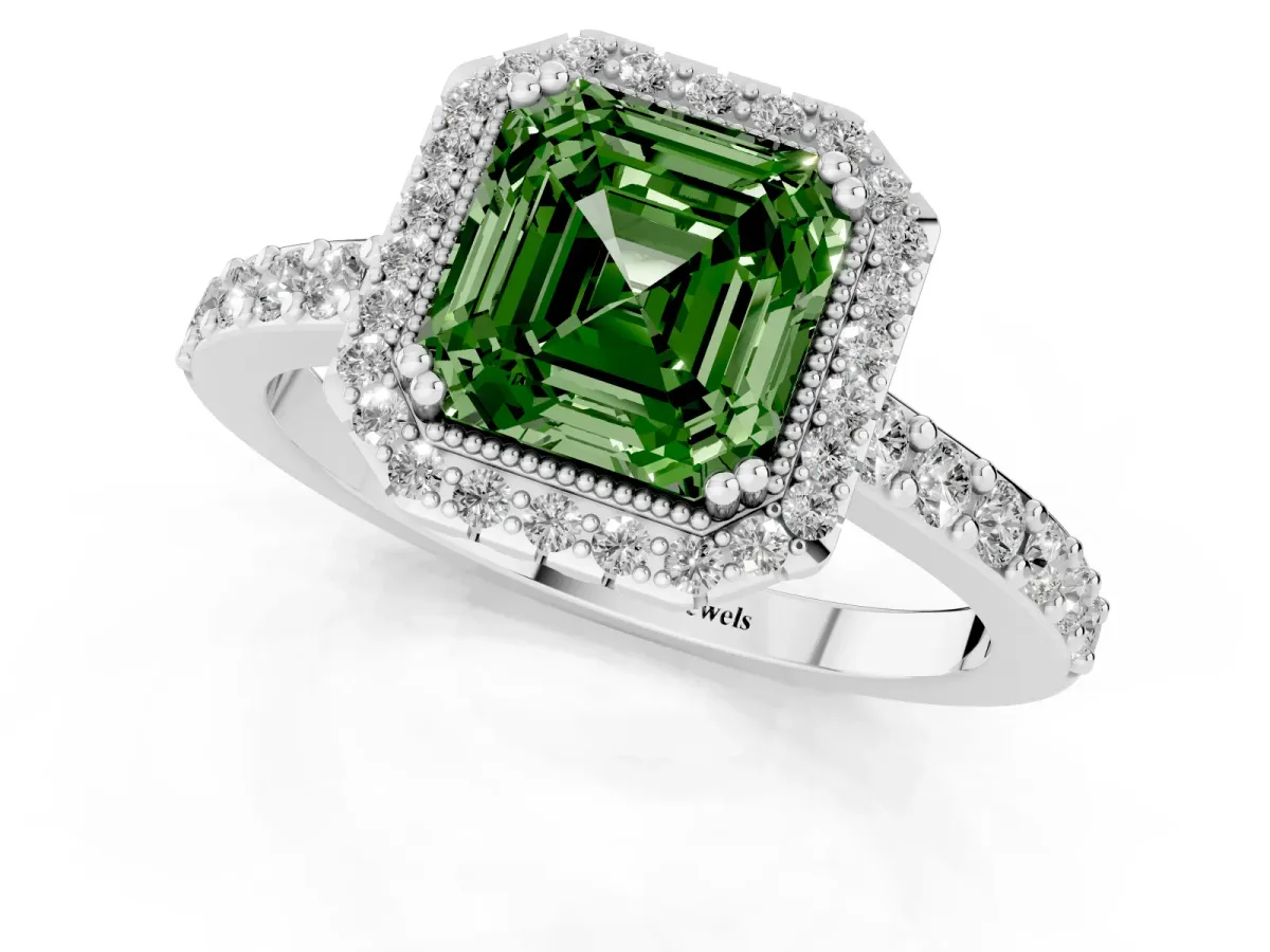Fancy Green Asscher Cut Cut Diamond Halo Engagement Ring with Milgrain Detail and Pavé Band Platinum