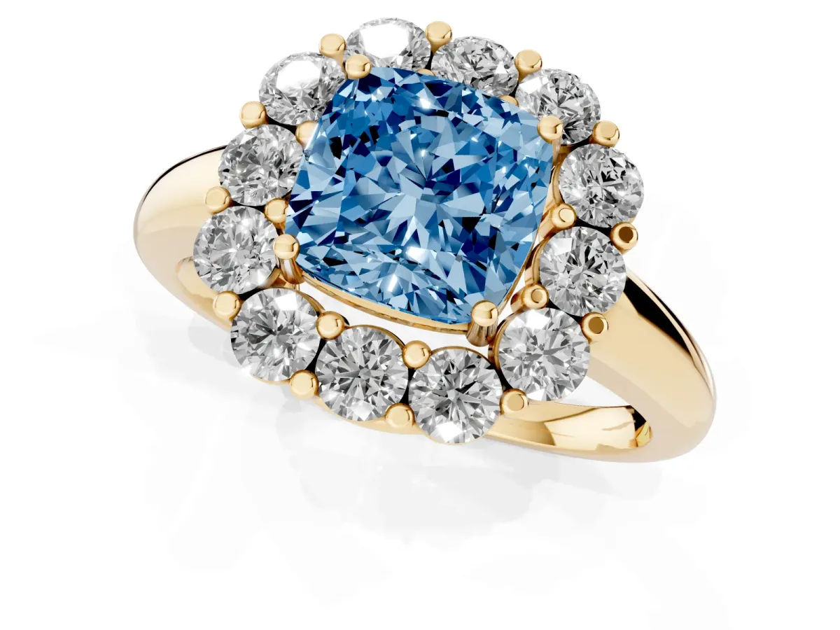 Fancy Blue Cushion Cut Halo Cluster Diamond Engagement Ring with Prong Setting and Polished Band Yellow gold
