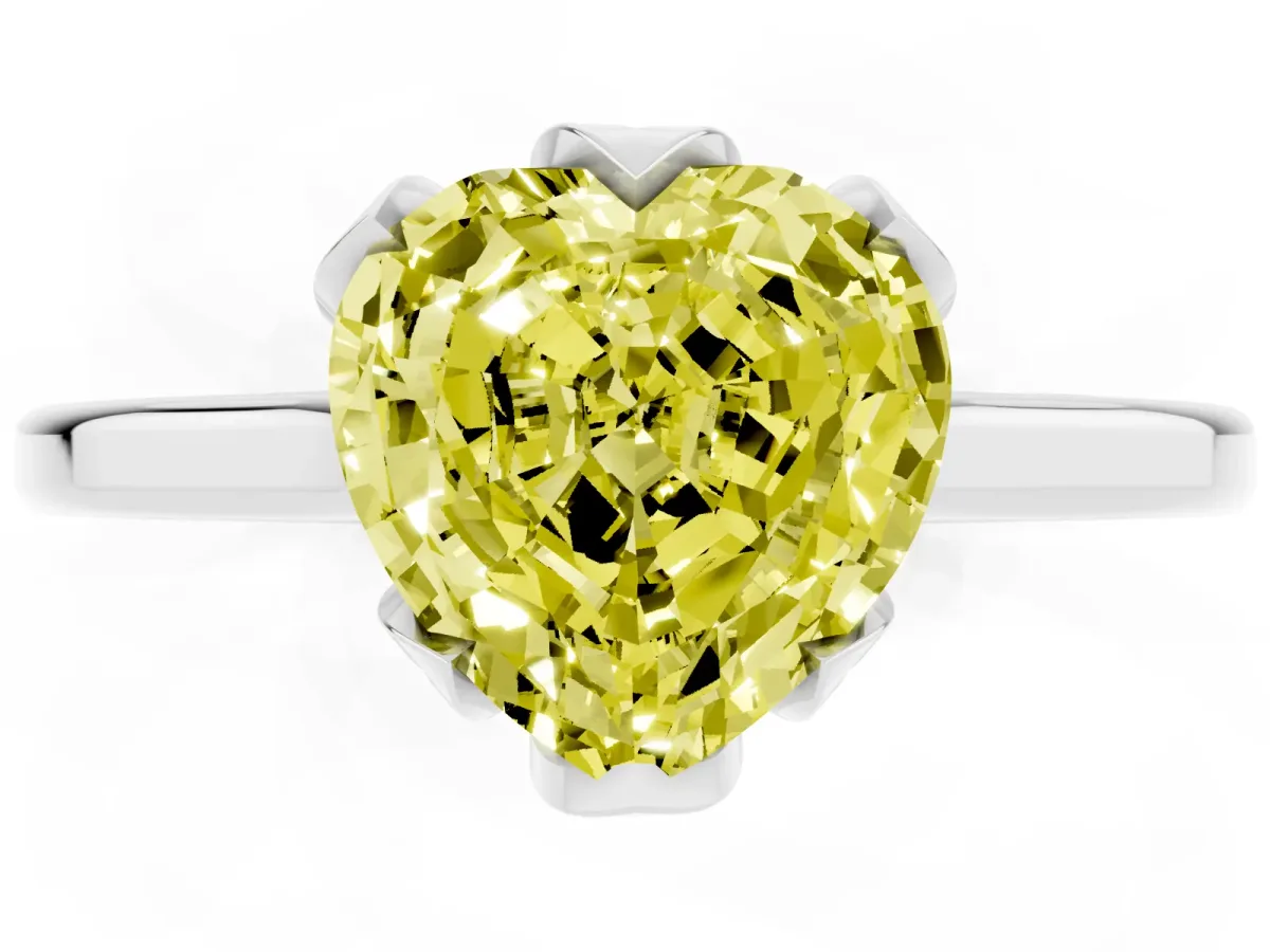 Fancy Yellow Heart Cut Diamond Solitaire Ring with Flower Prong Setting and Classic Band Silver