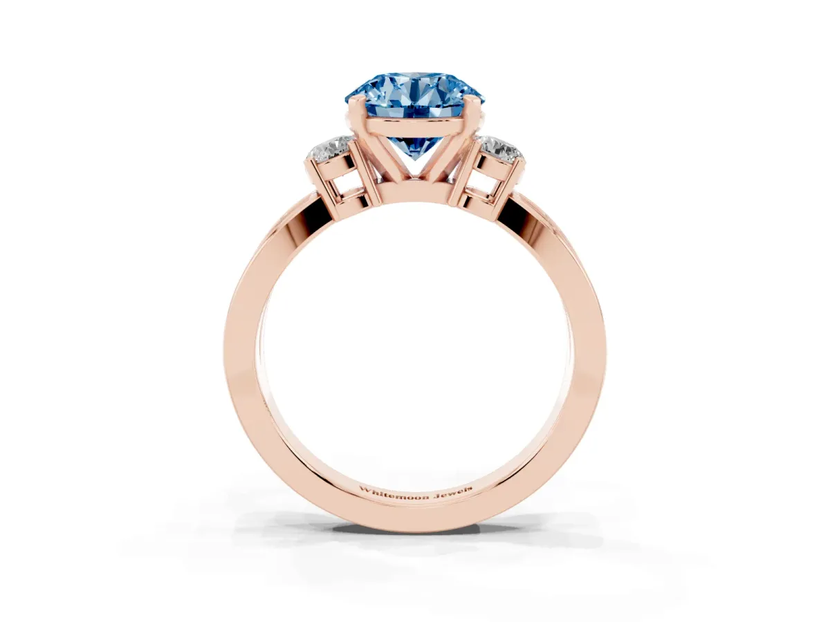Fancy Blue Three-Stone Round Cut Cut Diamond Twist Band with Prong Setting Rose gold