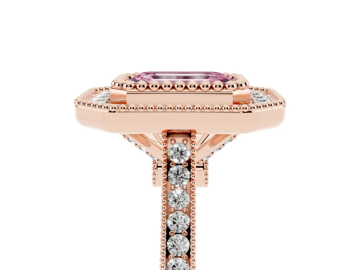 Fancy Pink Emerald Cut Diamond Halo Ring with Milgrain Frame and Pavé Band Rose gold