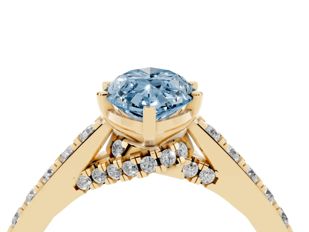 Fancy Blue Marquise Cut Diamond Solitaire Ring with Crossover Gallery and Round Pavé Band Yellow gold