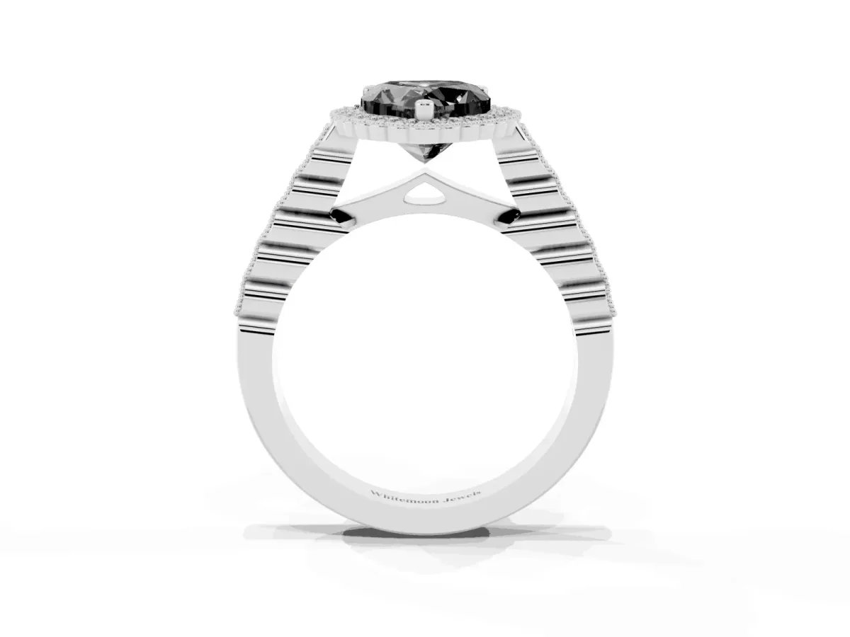 Fancy Black Heart Cut Cut Halo Pavé Solitaire Ring with Milgrain Band Platinum