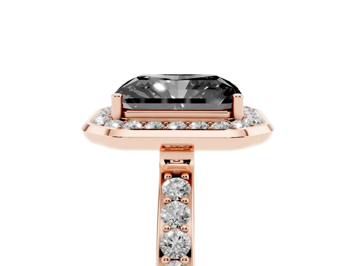 Fancy Black Radiant Cut Diamond Halo Ring with Bezel Frame and Pavé Band Rose gold
