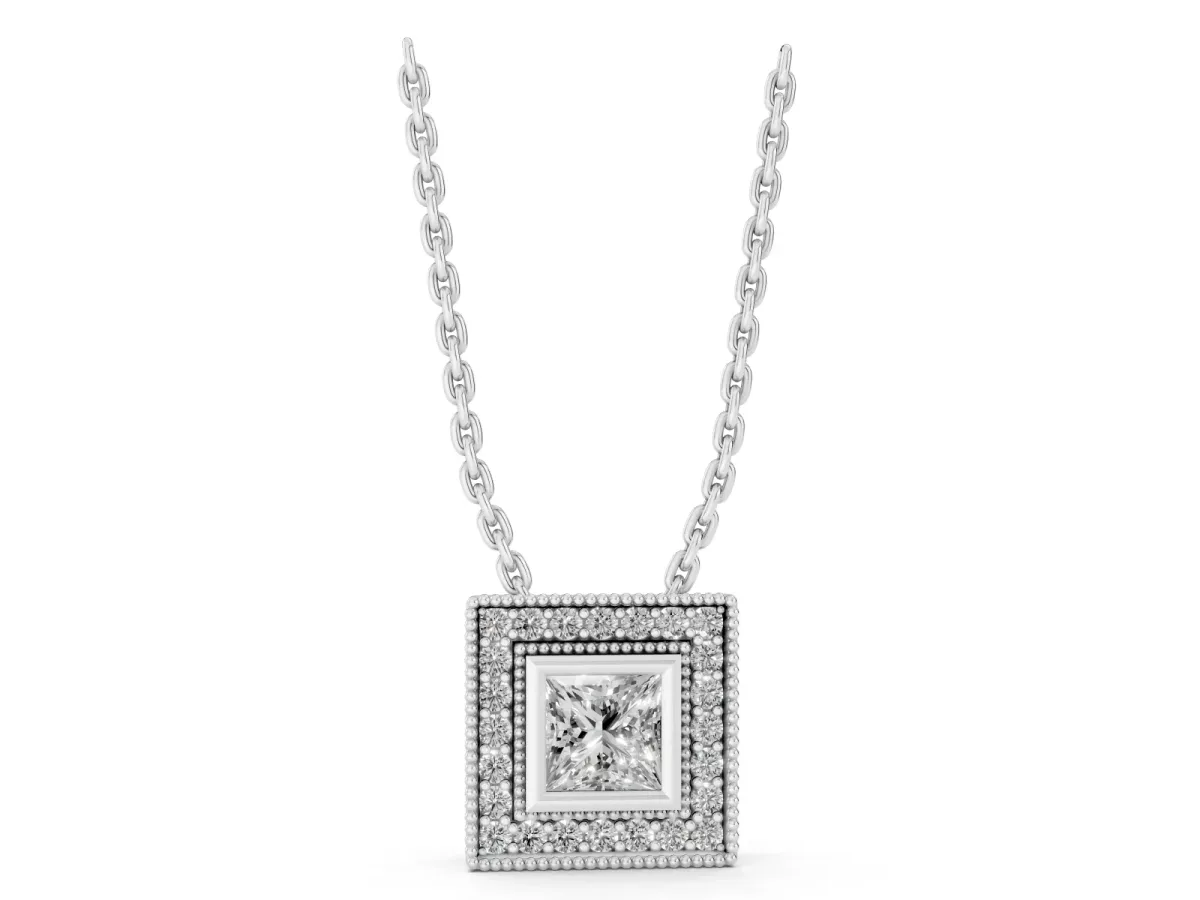Square Halo Princess Cut Pendant with Bezel Setting Silver