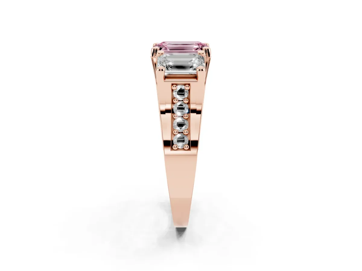 Fancy Pink Emerald Cut Diamond Three-Stone Ring with Channel Set Band and Four-Prong Setting Rose gold