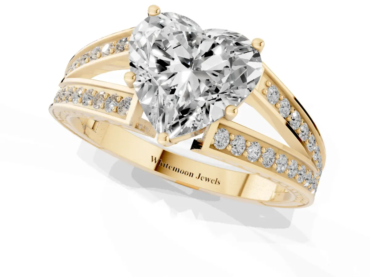 Heart Cut Diamond Split Shank Ring with Pavé Band and Four-Prong Setting Yellow gold