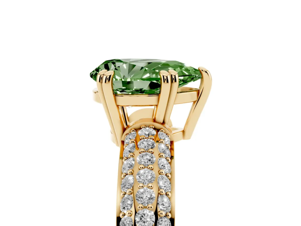 Fancy Green Pear Cut Diamond Solitaire Ring with Multi-Row Round Pavé Band and Prong Setting Yellow gold