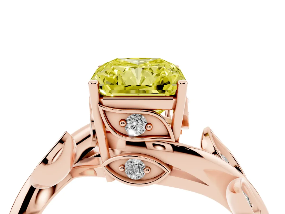 Fancy Yellow Radiant Cut Solitaire Twist Engagement Ring with Leaf Accents and Prong Setting Rose gold