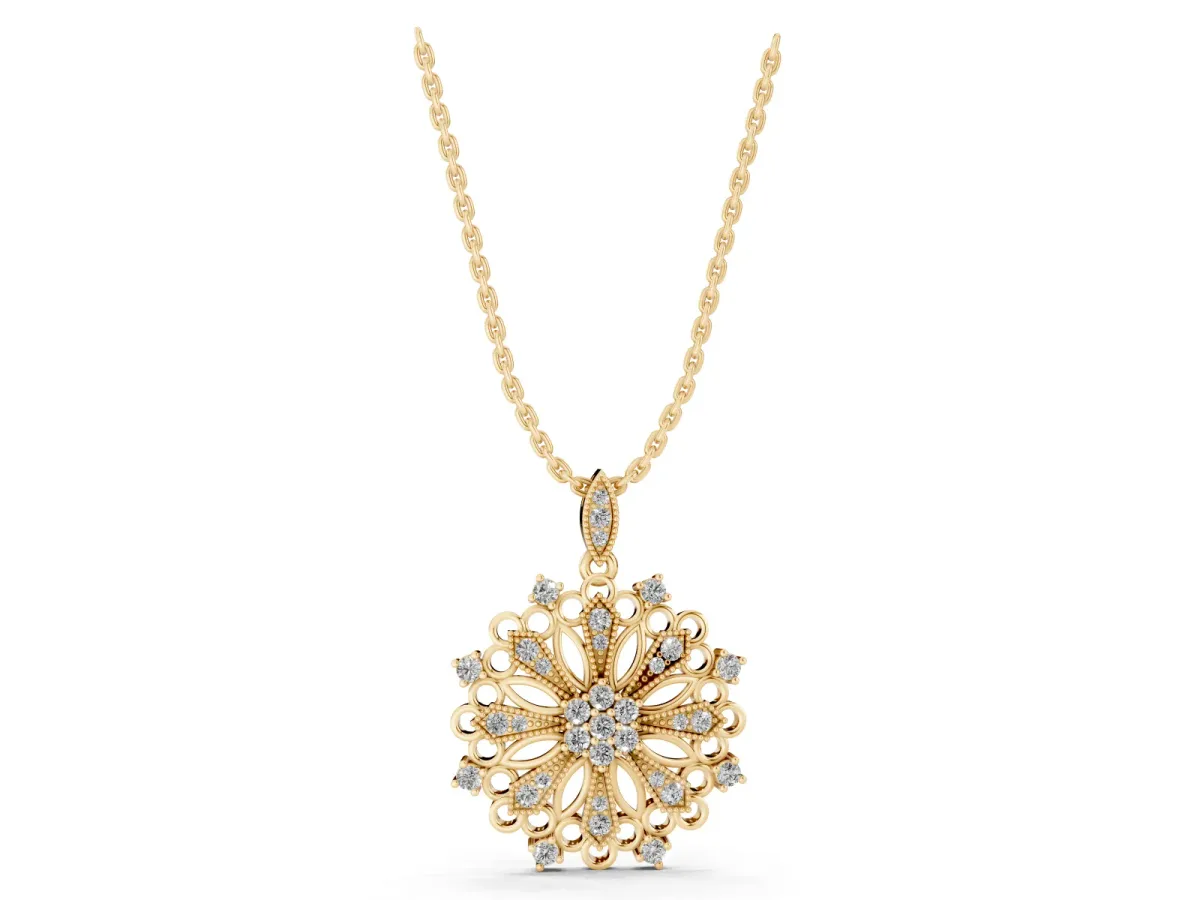 Round Diamond Cluster Milgrain Pendant Yellow gold