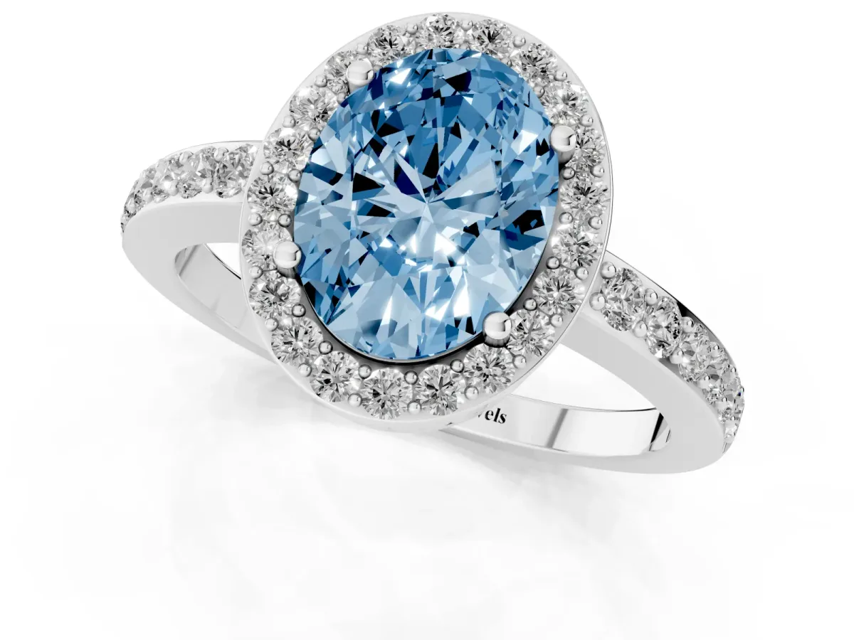 Fancy Blue Oval Cut Halo Diamond Pavé Band Ring with Prong Setting Silver