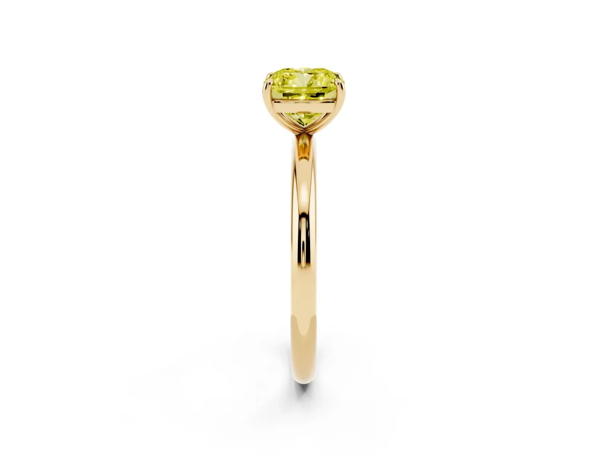 Fancy Yellow Cushion Cut Solitaire Diamond Ring with Four-Prong Setting on a Plain Band Yellow gold