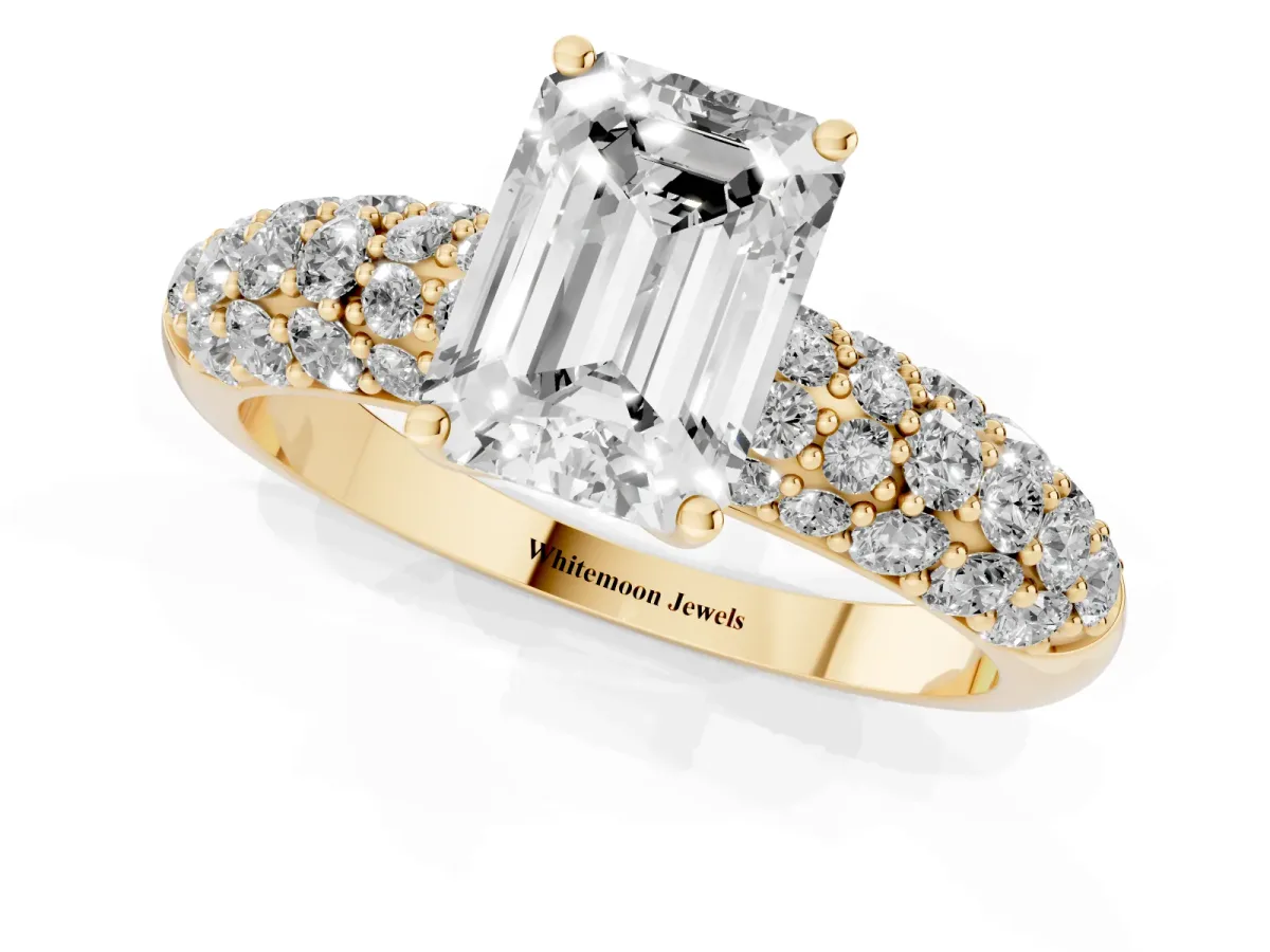 Emerald Cut Diamond Pavé Band Solitaire Ring with Four-Prong Setting Yellow gold