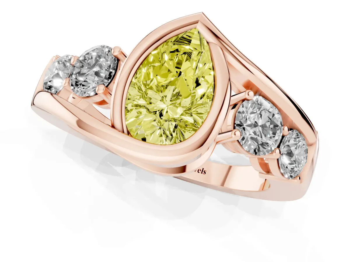 Fancy Yellow Bezel Set Pear Cut Diamond Bypass Ring with Round Accents Rose gold