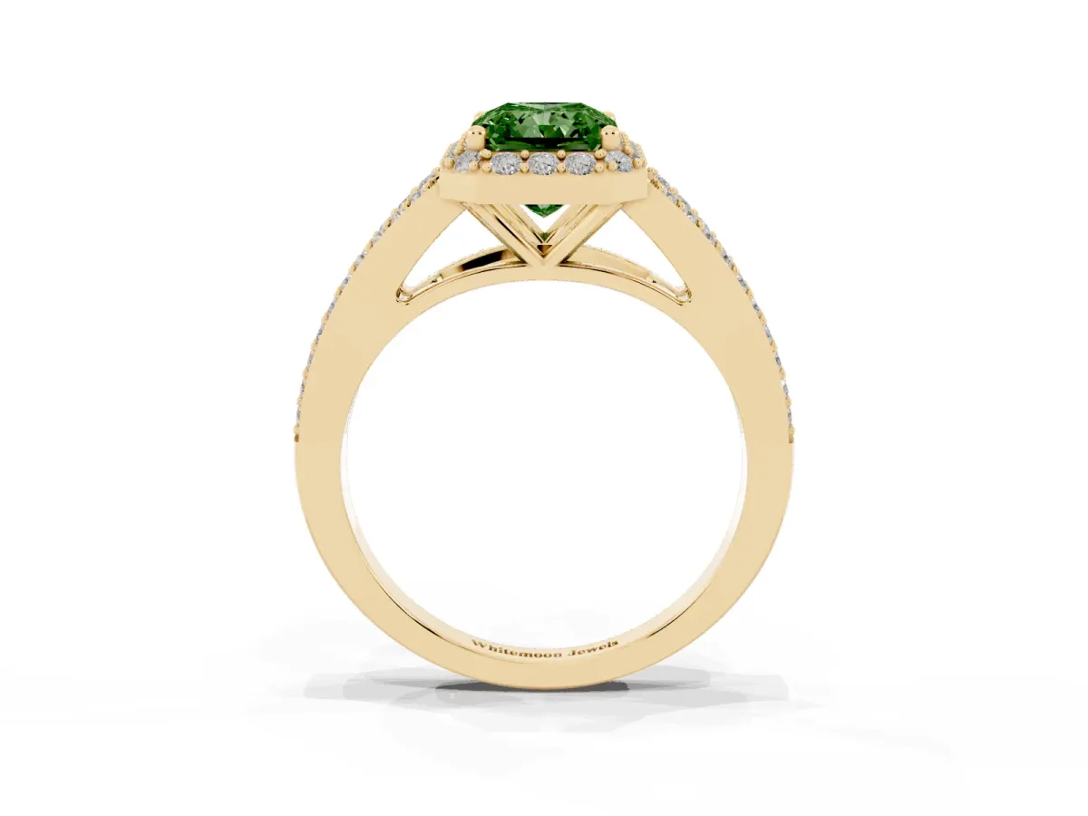 Fancy Green Radiant Cut Halo Split Shank Diamond Ring with Prong Setting Yellow gold