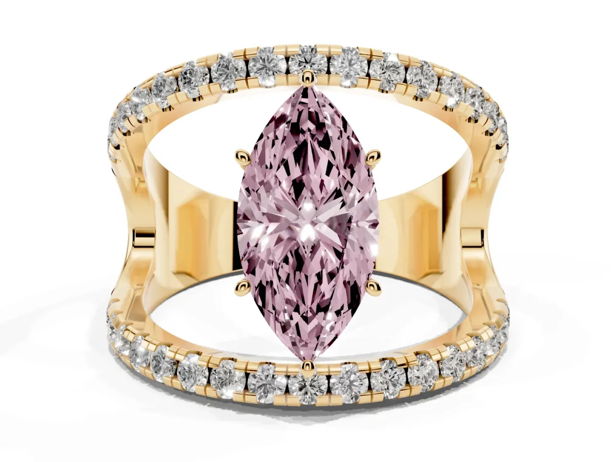 Fancy Pink Marquise Cut Solitaire Split Shank Pave Diamond Ring Yellow gold