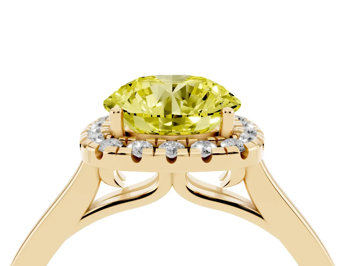 Fancy Yellow Round Cut Halo Round Diamond Solitaire Ring with Pavé Band and Four-Prong Setting Yellow gold