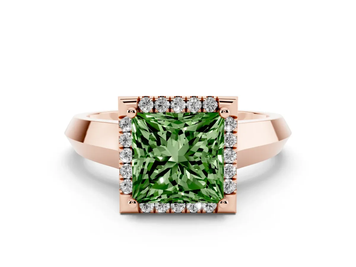 Fancy Green Princess Cut Halo Diamond Ring with Cathedral Band and Four-Prong Setting Rose gold