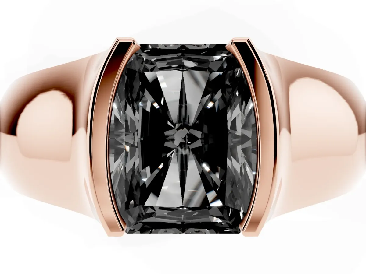Fancy Black Radiant Cut Solitaire Bezel Set Diamond Ring with Wide Band Rose gold