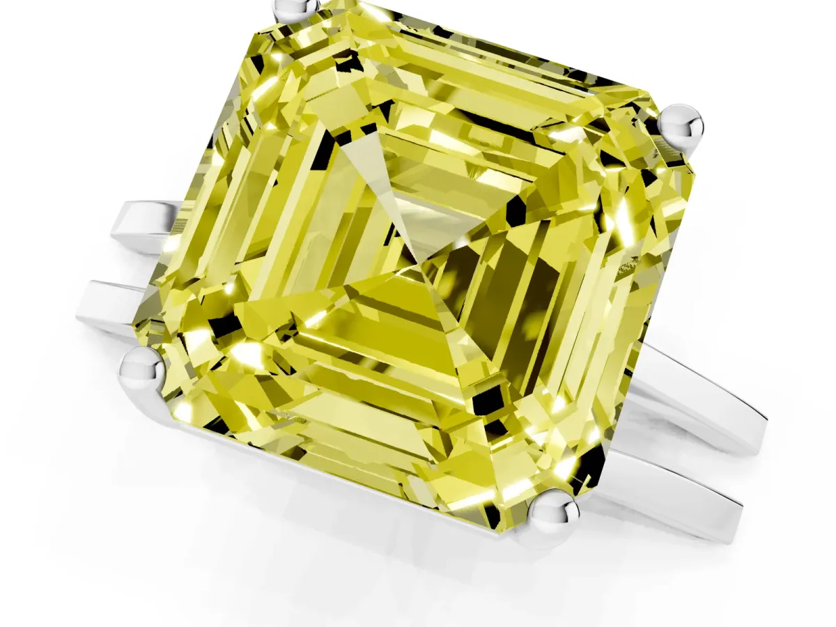 Fancy Yellow Asscher Cut Cut Diamond Solitaire Engagement Ring with Tapered Plain Band and Four-Prong Setting Silver