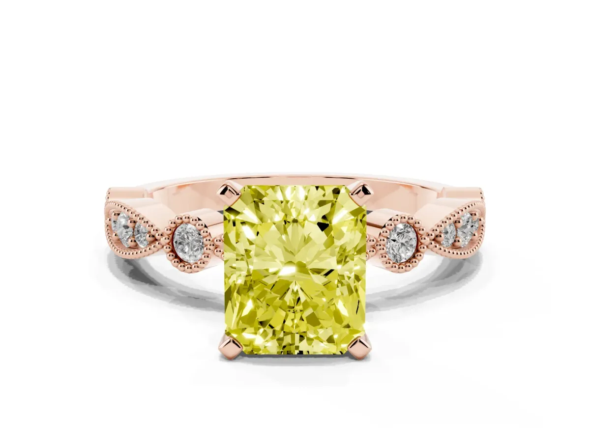Fancy Yellow Radiant Cut Milgrain Bezel Diamond Engagement Ring with Solitaire Prong Setting Rose gold